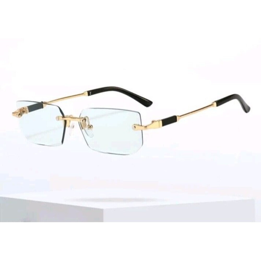 Rimless Sunglasses glasses Blue Tint Lens Gold Frame